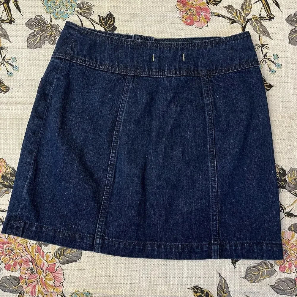Free People Mini Skirt 2 Blue Denim Button Front 100% Cotton Dark Wash Pockets